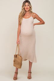 Beige Open Knit Crochet Maternity Midi Dress