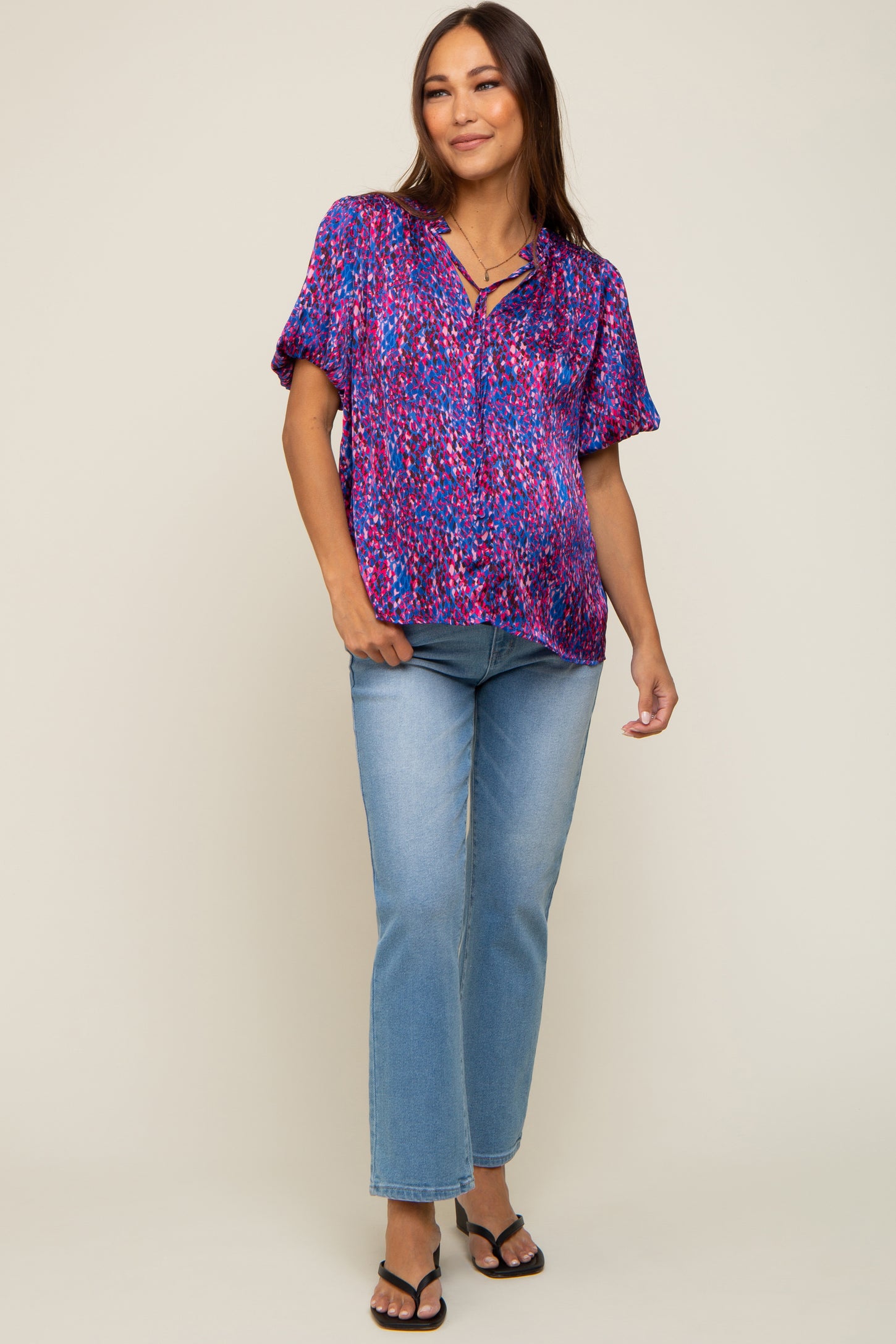 Royal Blue Printed Front Tie Puff Sleeve Maternity Blouse