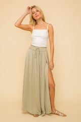 Dusty Olive Hammered Satin Split Hem Maxi Skirt