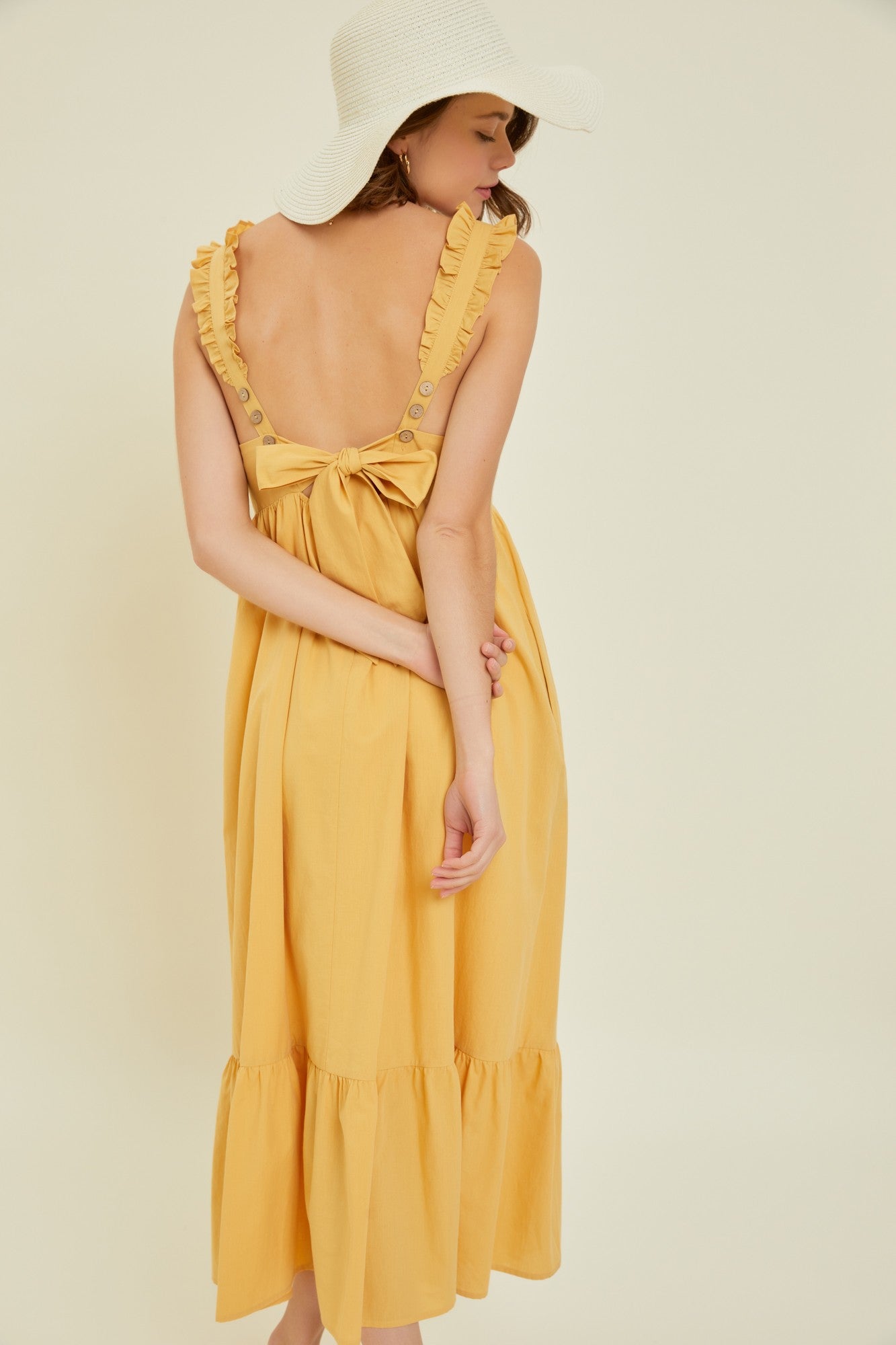 Yellow Ruffle Accent Back Tie Midi Dress