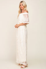 Cream Lace Mesh Overlay Off Shoulder Maxi Dress