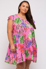 Pink Tropical Floral Print Plus Dress