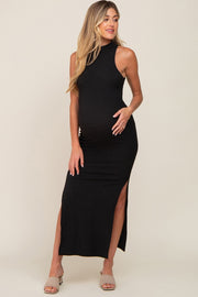 Black Ribbed Side Slit Maternity Maxi Dress