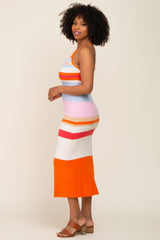 Orange Striped Soft Ribbed Cross Back Maxi Dress