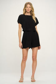 Black Short Sleeve Open Back French Terry Romper