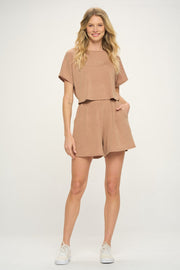 Camel Short Sleeve Open Back French Terry Romper