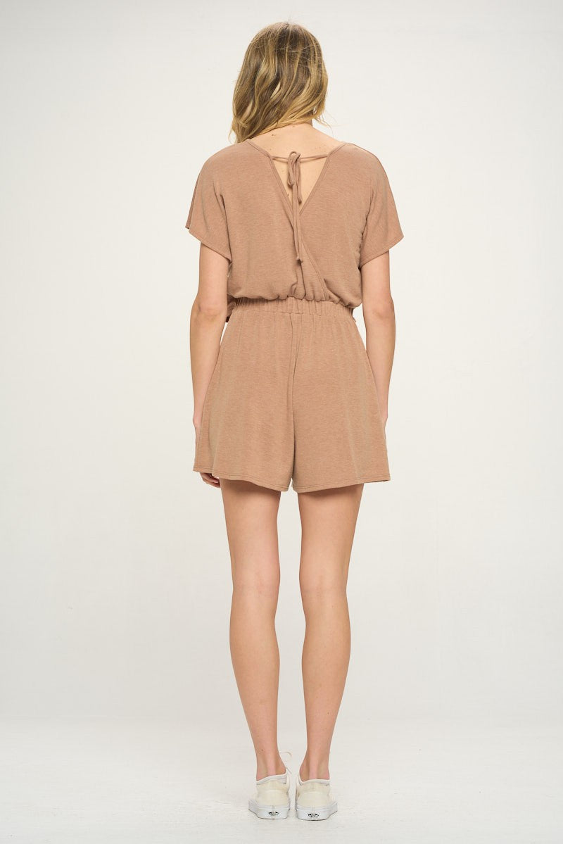 Camel Short Sleeve Open Back French Terry Romper