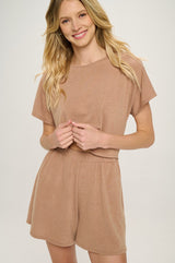 Camel Short Sleeve Open Back French Terry Romper