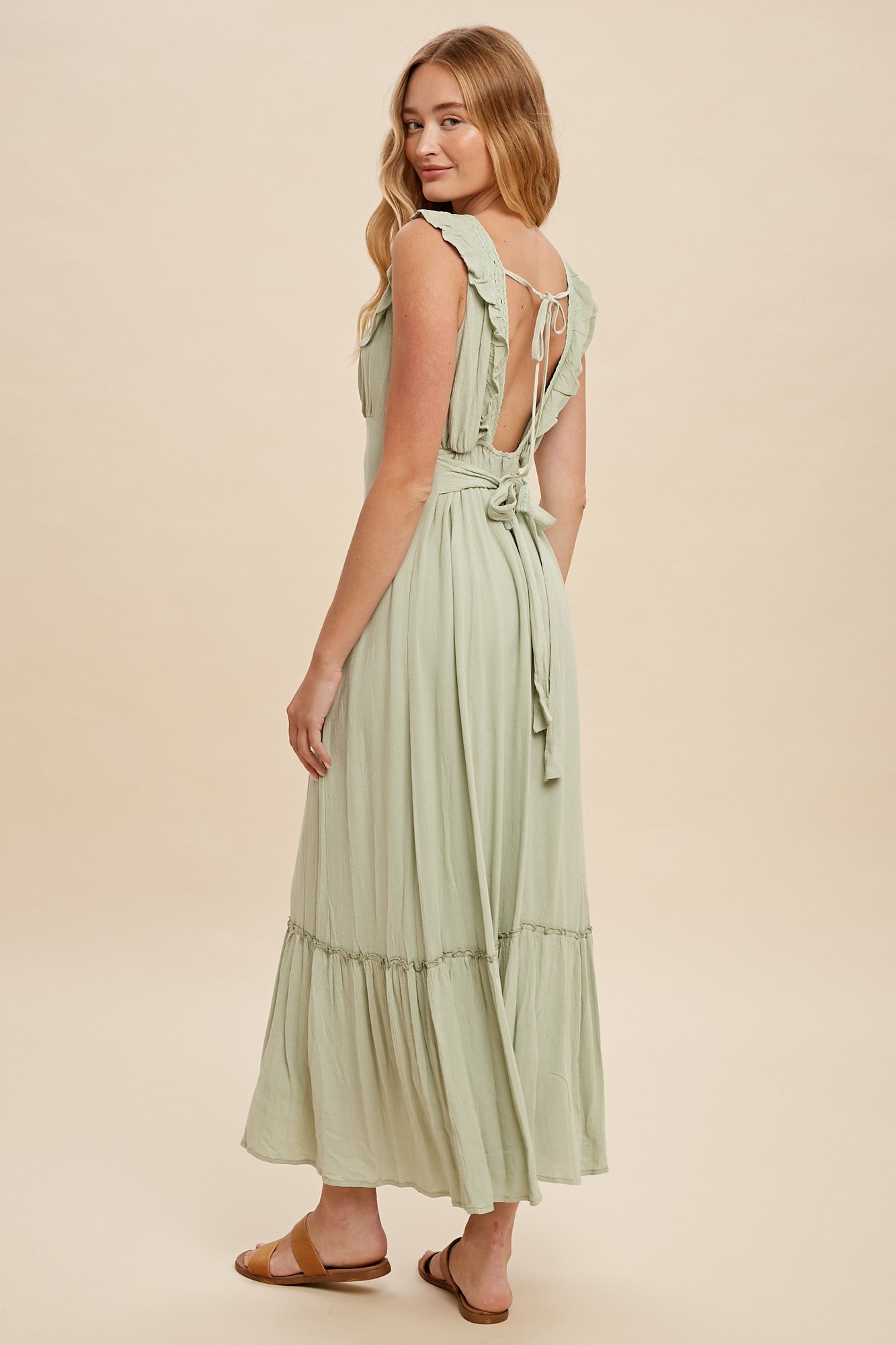 Dusty Sage Sleeveless Lace Accent Open Back Midi Dress