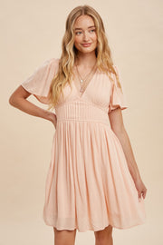 Peach Blush V Neck Pleat Mini Dress