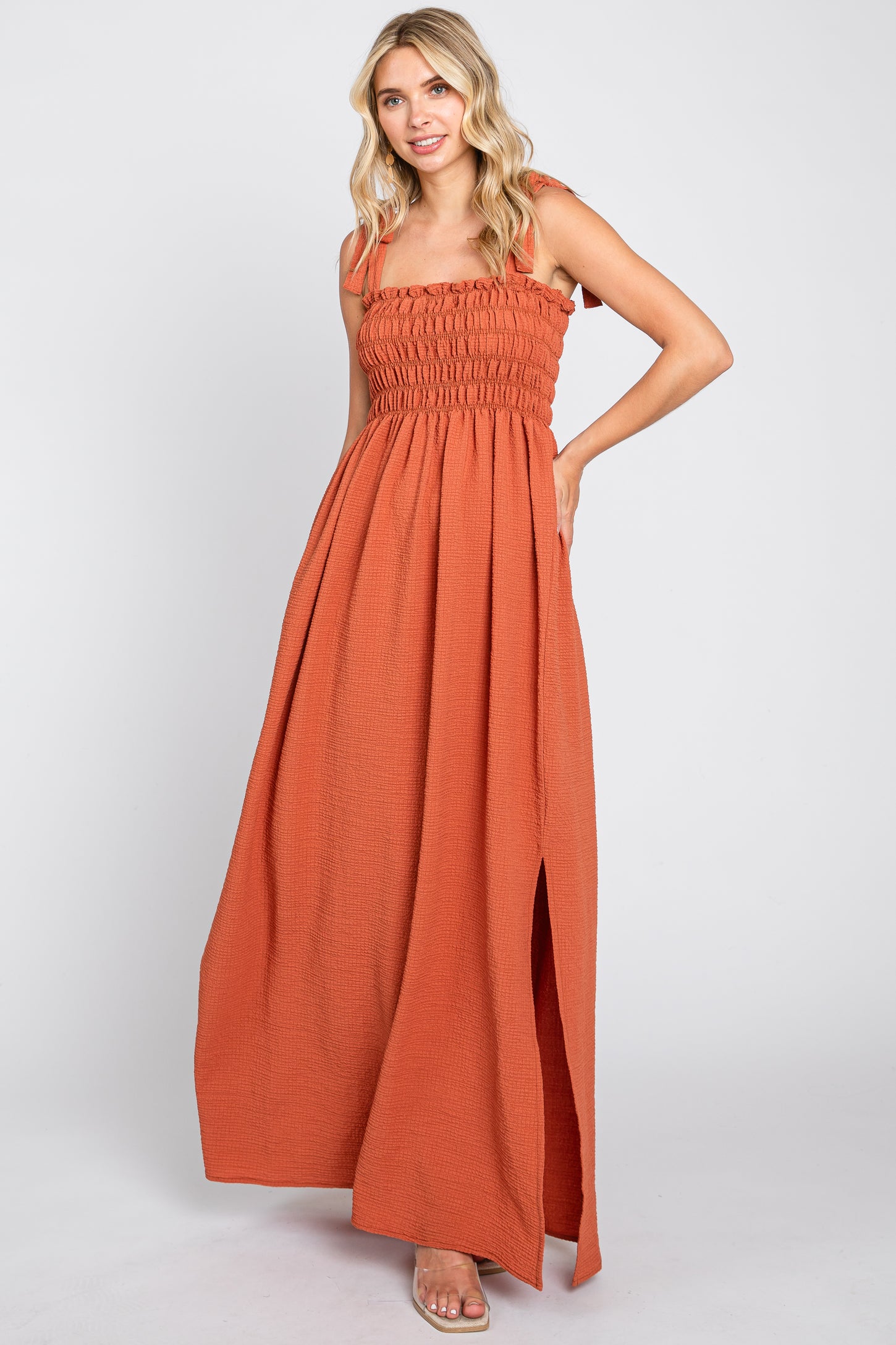 Rust Textured Smocked Shoulder Tie Maxi Dress