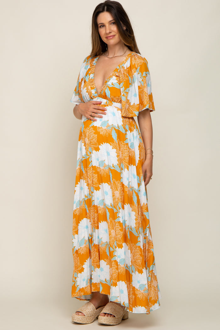 Orange Floral Deep V-Neck Maternity Maxi Dress