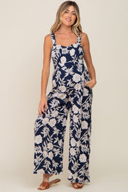 Navy Floral Sweetheart Neck Maternity Jumpsuit