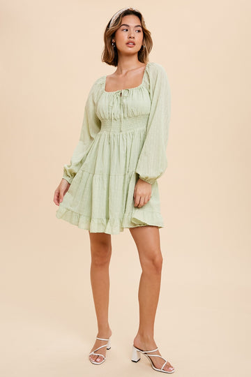 Mint Smocked Waist Long Sleeve Peasant Dress