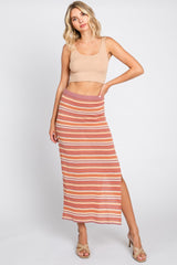 Mauve Striped Knit Side Slit Midi Skirt