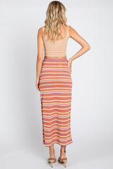 Mauve Striped Knit Side Slit Midi Skirt
