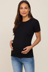 Black Ribbed Short Sleeve Maternity Top