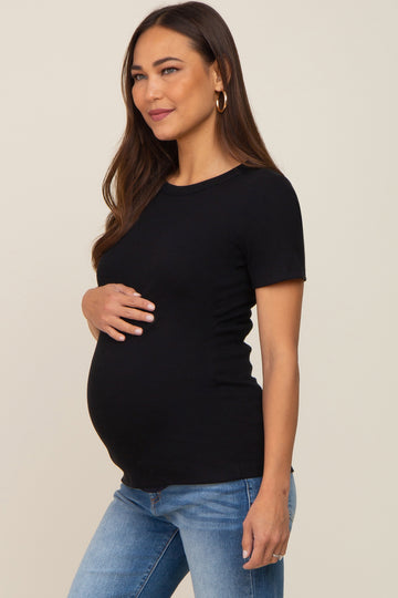Black Ribbed Short Sleeve Maternity Top