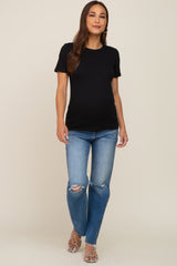 Black Ribbed Short Sleeve Maternity Top