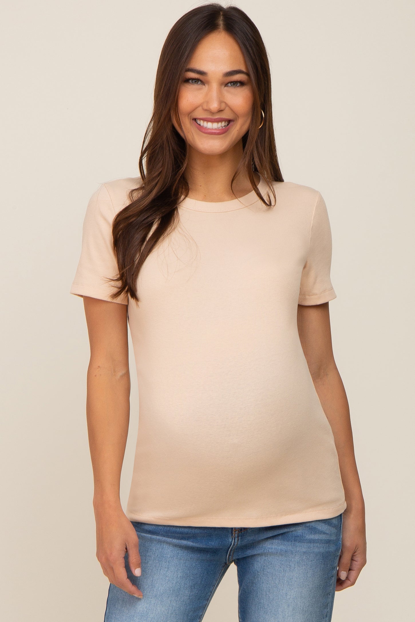 Beige Ribbed Short Sleeve Maternity Top
