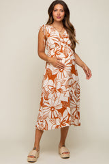 Rust Floral Shoulder Tie Maternity Midi Dress