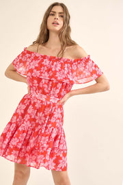 Pink Floral Off-Shoulder Flounce Ruffle Mini Dress