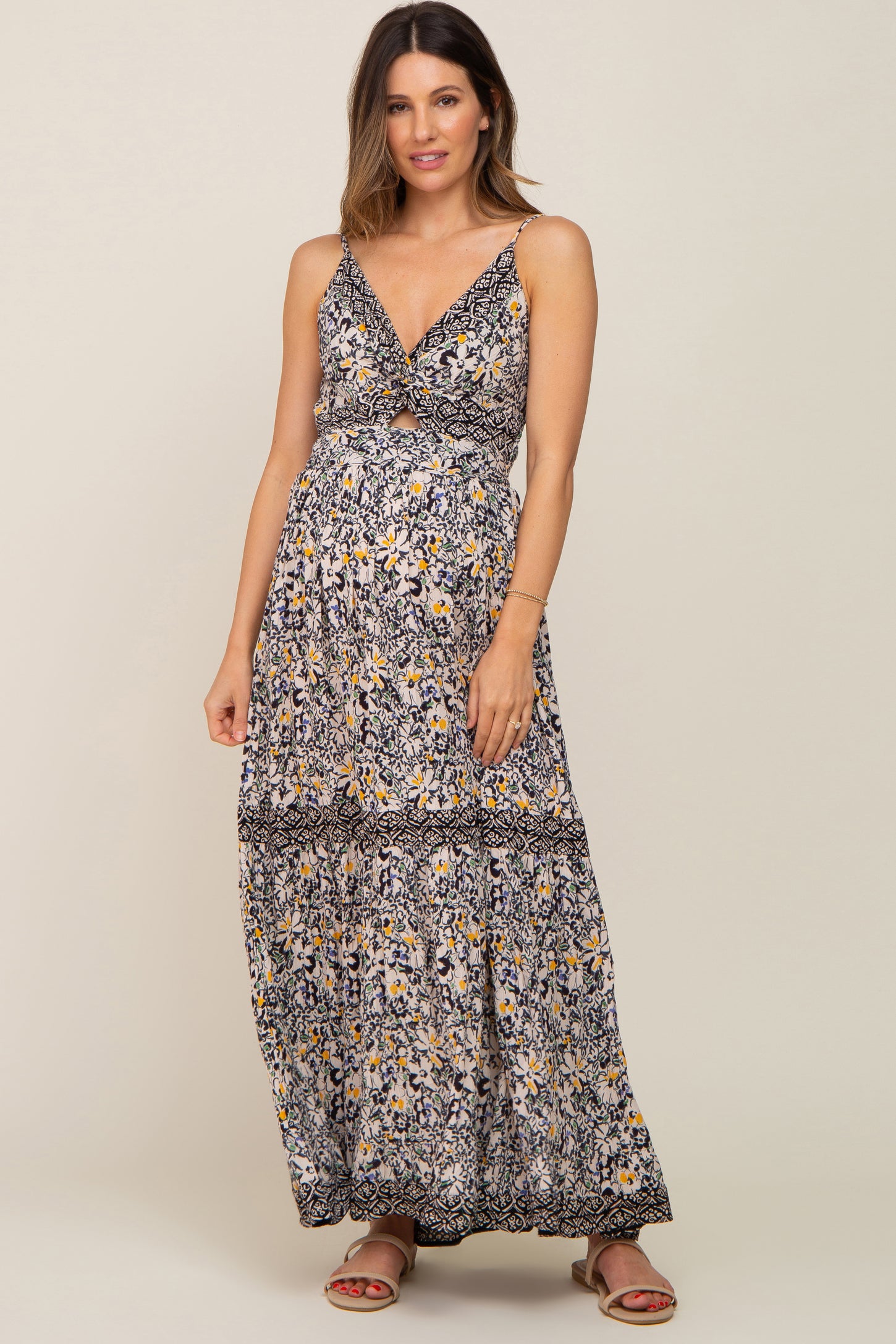 Black Floral Front Twist Sleeveless Maternity Maxi Dress