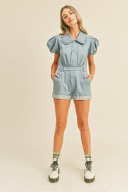 Light Denim Romper With Puff Sleeves