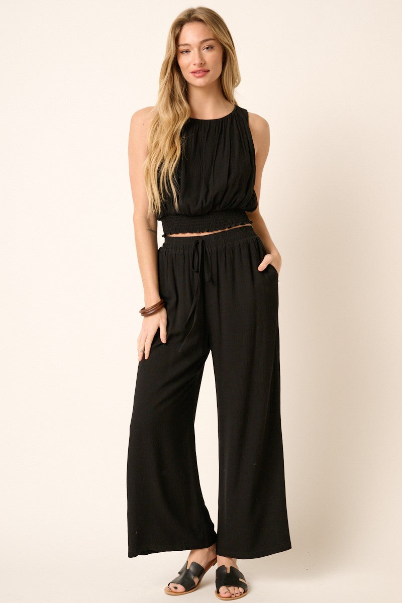 Black Crinkle Gauze Tank Top And Pants Set