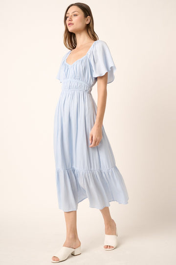 Blue Flutter Sleeve Midi Dress