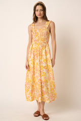 Yellow Flower Print Smocking Detail Midi Dress