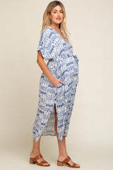 Blue Printed Waist Tie Maternity Midi Dress