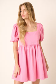 Hot Pink Washed Denim Puff Sleeve Babydoll Dress