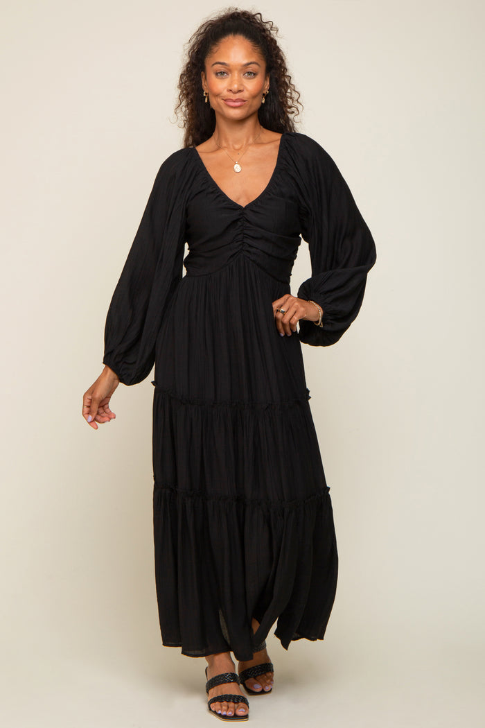 Black Ruched Front Cutout Back Tiered Maternity Maxi Dress