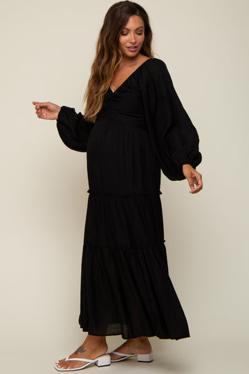 Black Ruched Front Cutout Back Tiered Maternity Maxi Dress