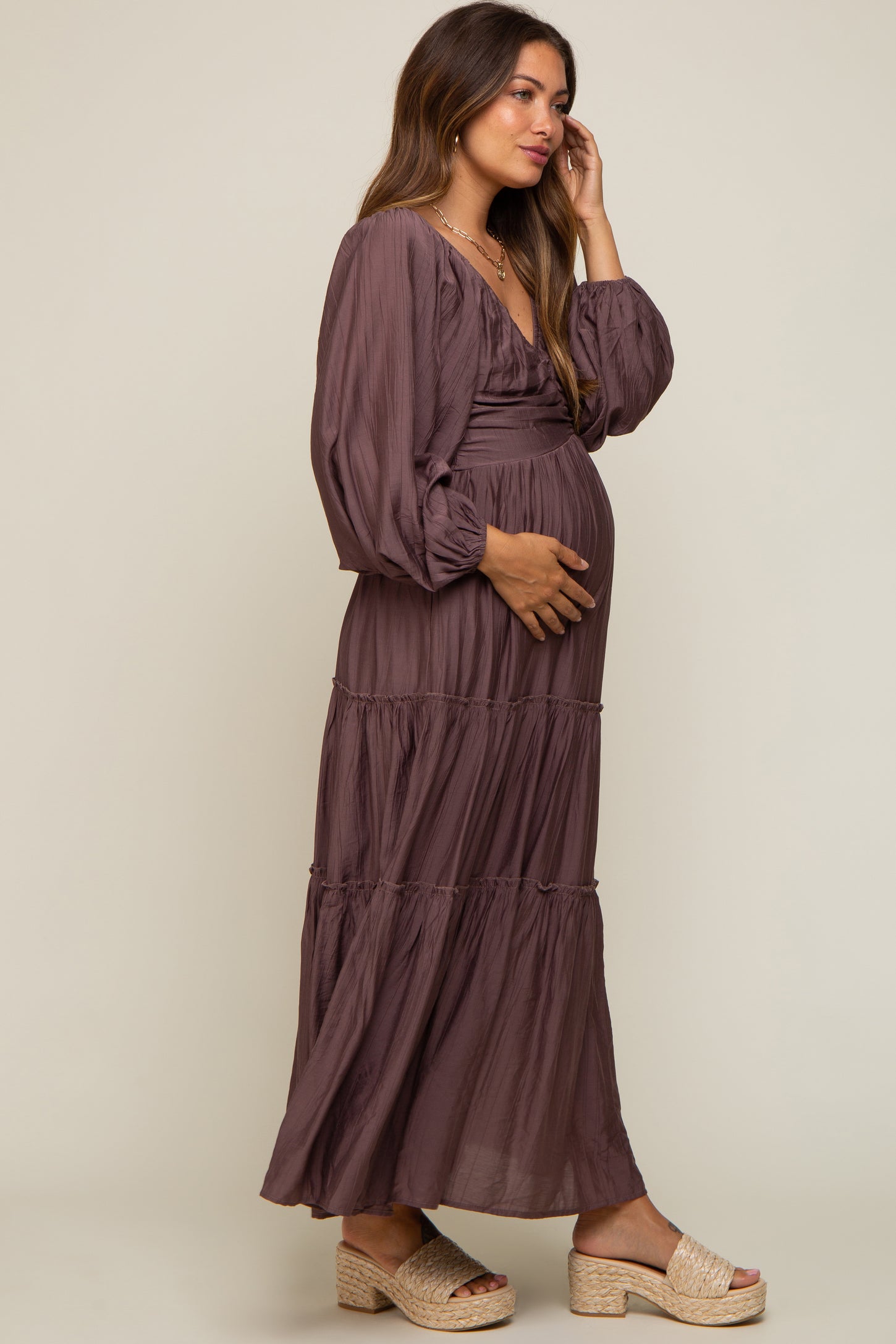 Brown Smocked Front Cutout Tiered Maternity Maxi Dress