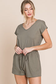 Olive Soft French Terry Romper With Pockets
