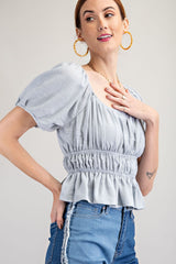 Blue Textured Poly Linen Peplum Top