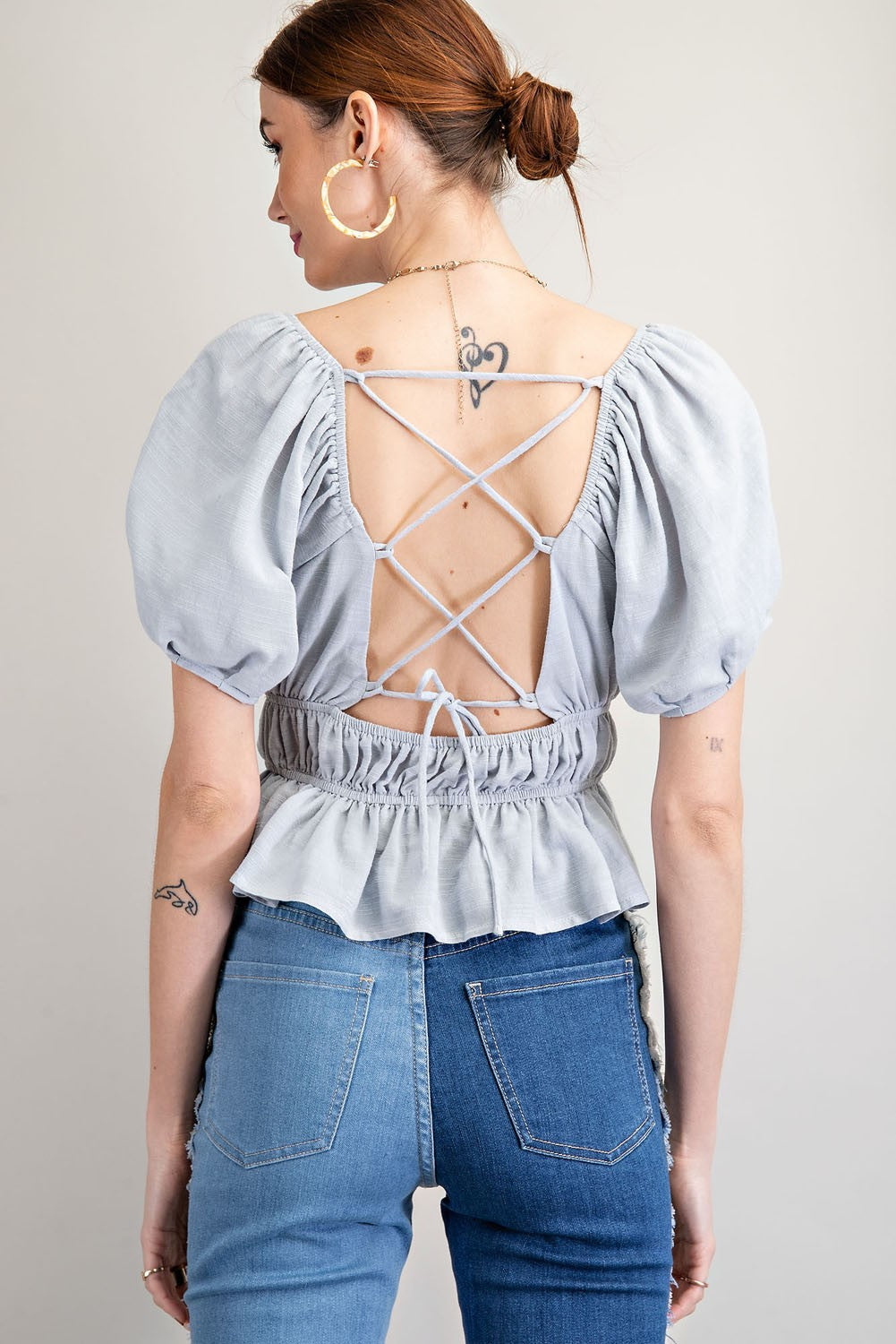 Blue Textured Poly Linen Peplum Top