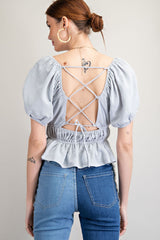 Blue Textured Poly Linen Peplum Top