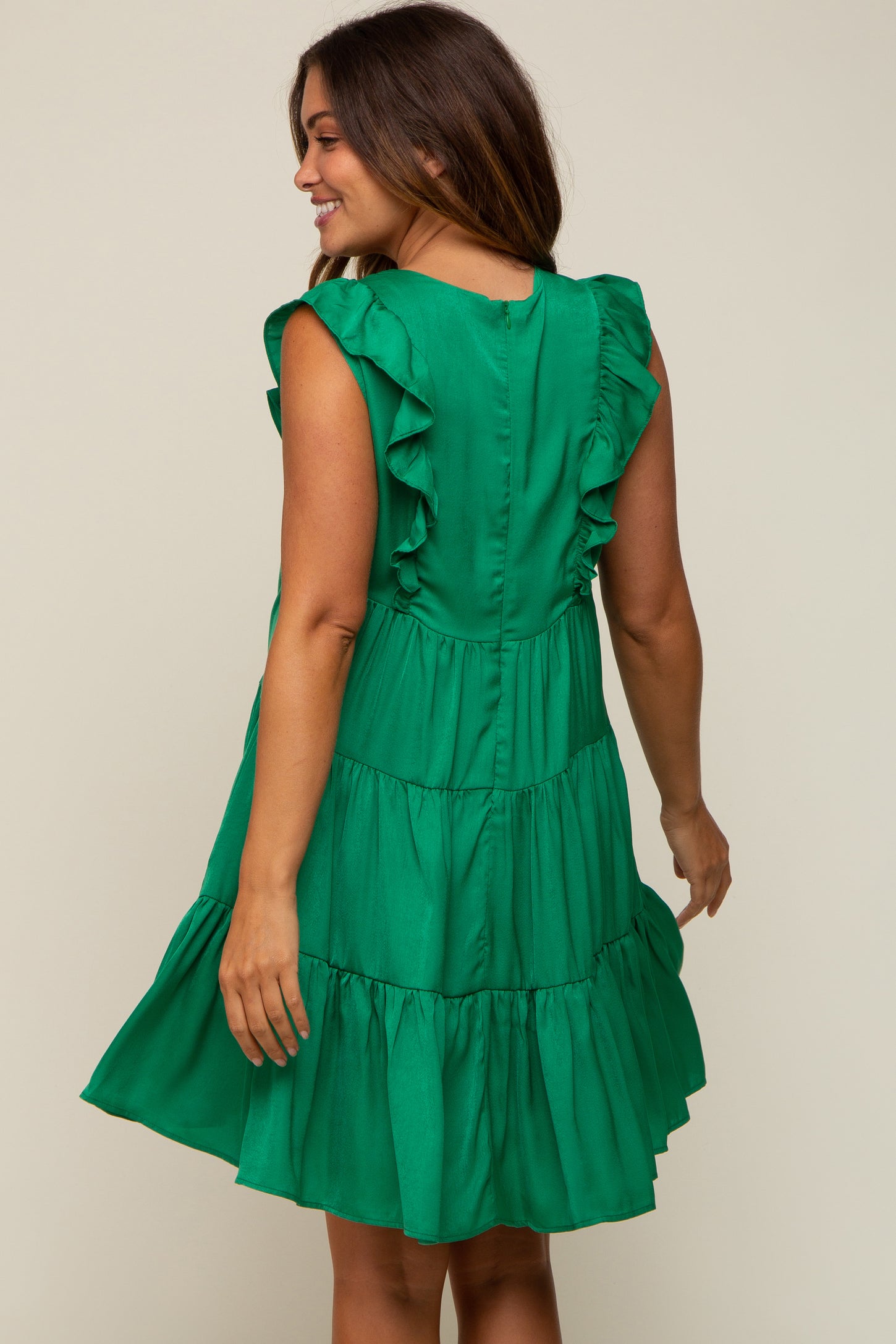 Green Satin Ruffle V-Neck Tiered Maternity Dress
