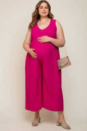 Magenta Button Front WIde Leg Maternity Plus Jumpsuit