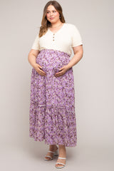 Lavender Smocked Waist Tiered Maternity Plus Maxi Skirt