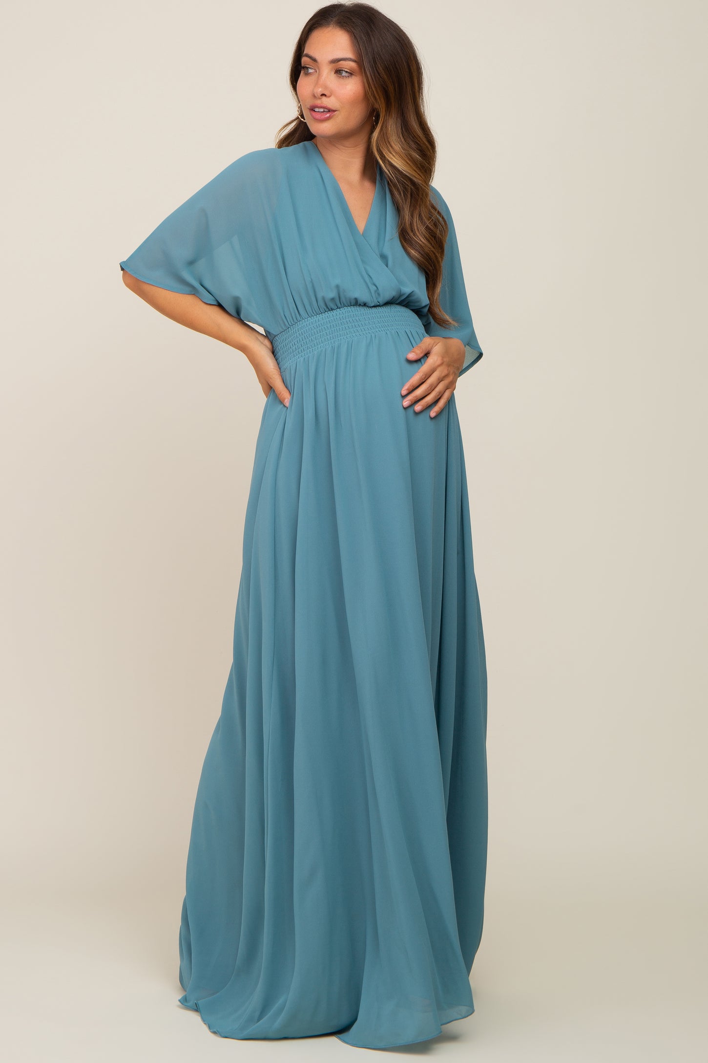 Turquoise Chiffon V-Neck Smocked Waist Maternity Maxi Dress