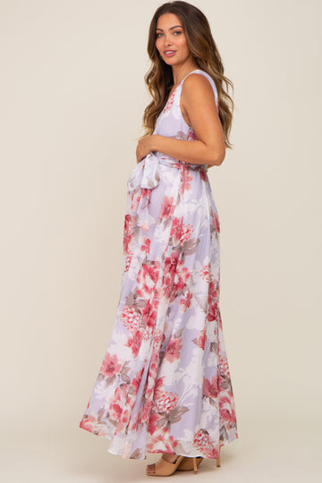 Red Floral Chiffon Double V-Neck Sleeveless Maternity Maxi Dress
