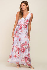 Red Floral Chiffon Double V-Neck Sleeveless Maternity Maxi Dress