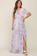 Lavender Floral Chiffon V-Neck Front Slit Short Sleeve Maternity Dress