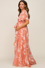 Salmon Leaf Print Chiffon V-Neck Front Slit Maternity Dress