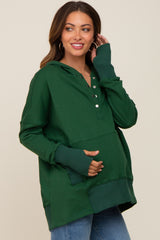 Forest Green Button Front Ribbed Trim Maternity Hooded Sweatshirt