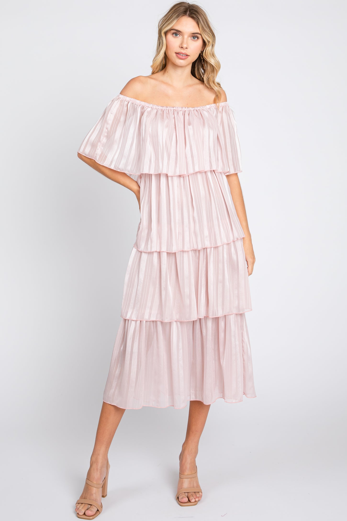 Light Pink Striped Layered Maternity Midi Dress